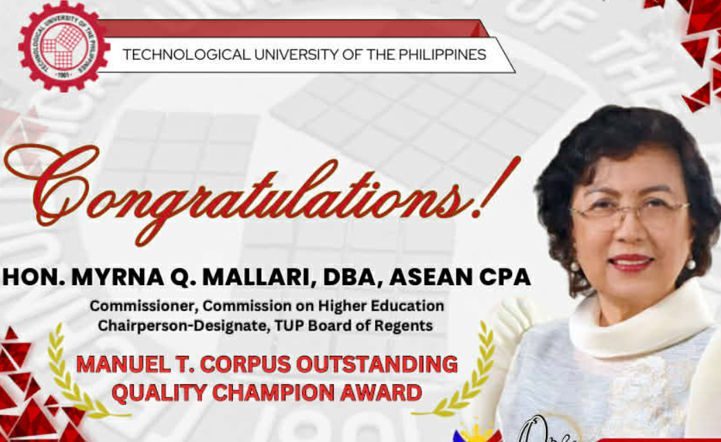Congratulations Dr. Myrna Q. Mallari on Receiving the Manuel T. Corpus Outstanding Quality Champion Award!